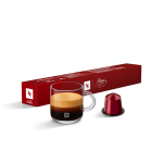 Capsula caffè Florian Nespresso, con astuccio rosso e tazzina espresso, gusto legni aromatici e spezie.
